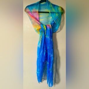 EUC 100% REAL Silk Multi-Toned Beaded Trim Scarf Blue Green Yellow Luxury Wrap